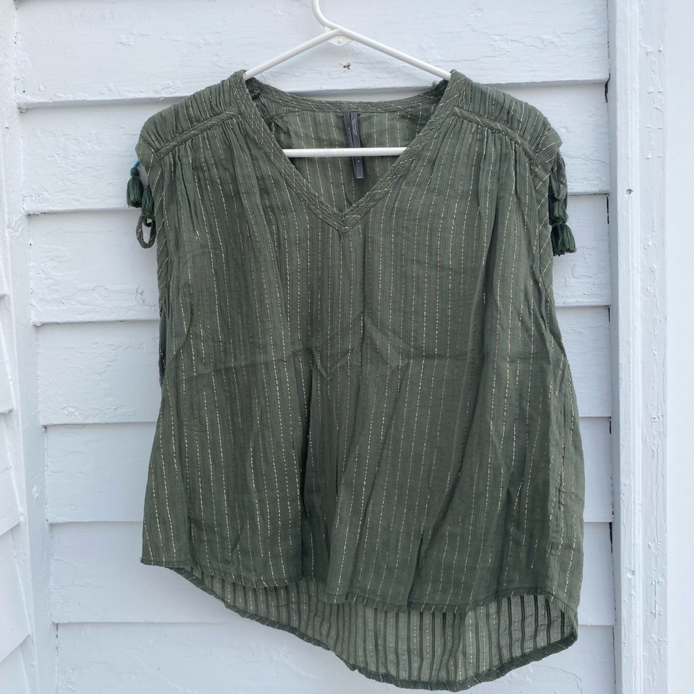 Anthropologie Forest Green Blouse with Tassels and Gold Shimmer ⭐️